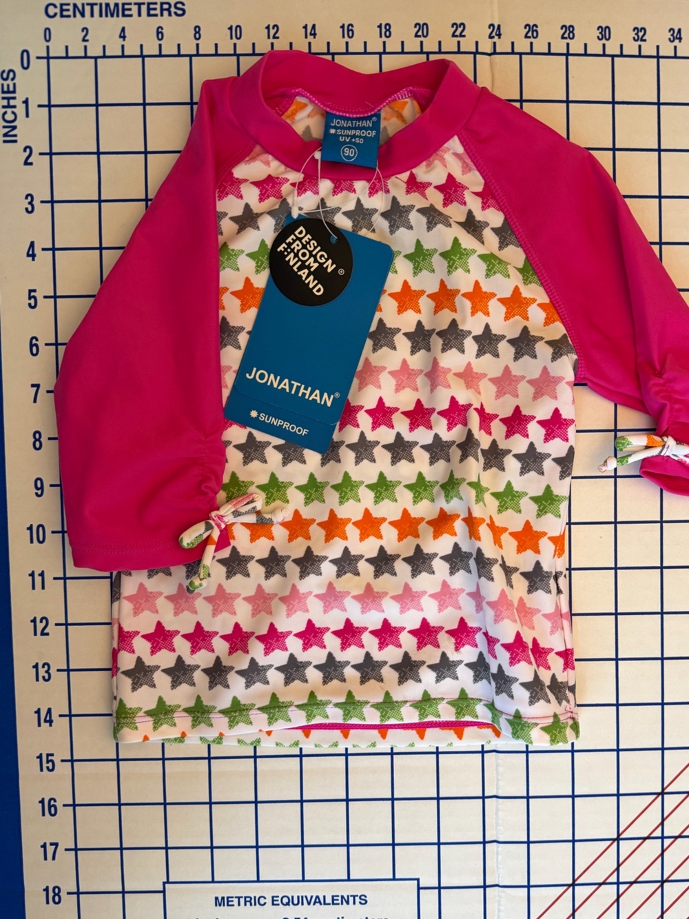 Kids' UV Swim Rashguard - Hot Pink Sleeves with Multicolor Stars - Picture 2 of 4